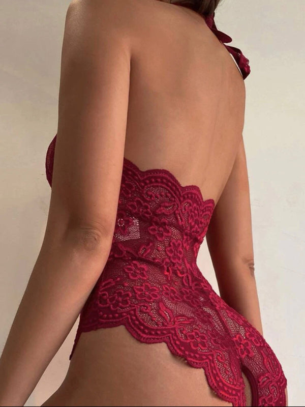 Lace One-Piece Teddy – Sexy Wine Red Lingerie Bodysuit for Women