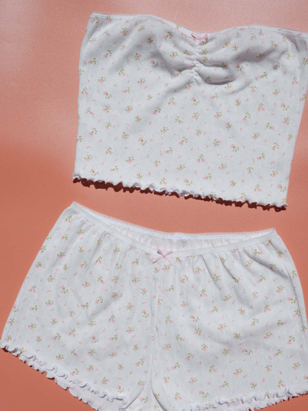 Floral Print Loungewear Set – Tube Top & Shorts Pajama Set for Women