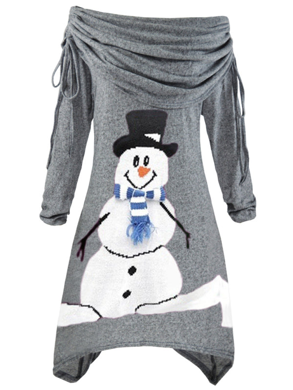 Damenkleid mit Kordelzug und Weihnachts-Schneemann-Print