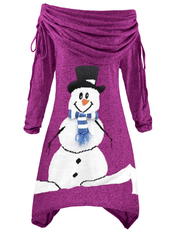 Damenkleid mit Kordelzug und Weihnachts-Schneemann-Print