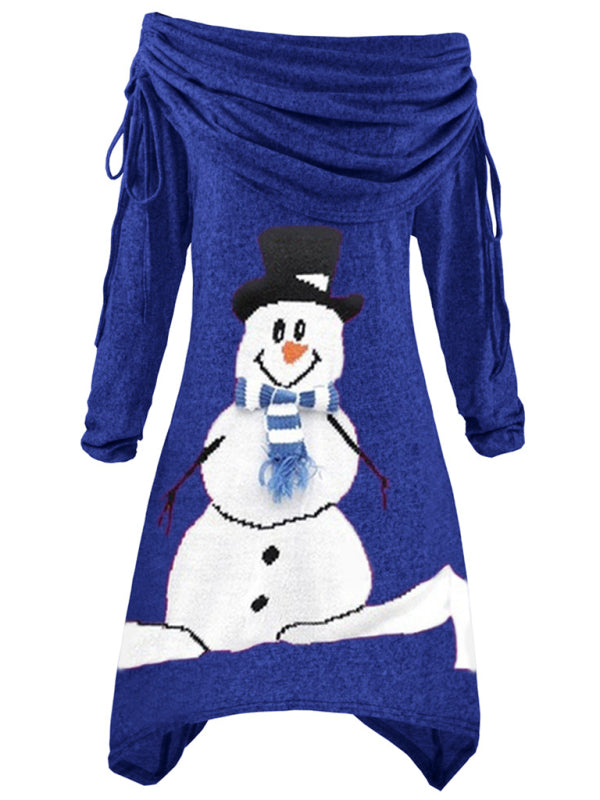 Damenkleid mit Kordelzug und Weihnachts-Schneemann-Print