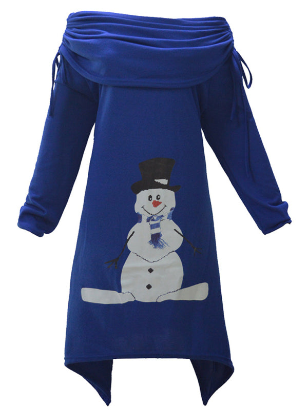 Damenkleid mit Kordelzug und Weihnachts-Schneemann-Print