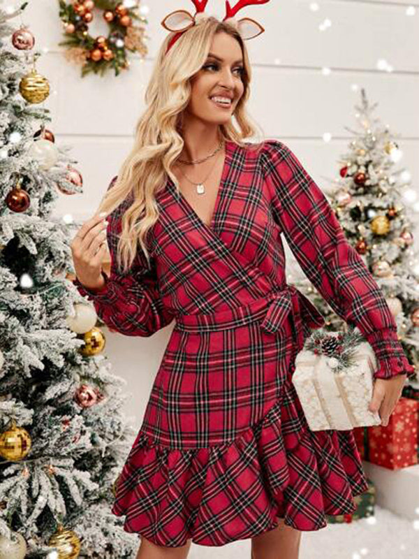 Christmas Plaid V-Neck Puff Sleeve Dress with Ruffled Hem & Drawstring Waist