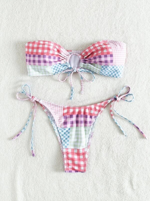 Plaid Lace-Up Two-Piece Swimsuit – Romantic Spring Resortwear
