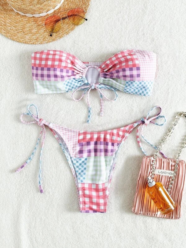 Plaid Lace-Up Two-Piece Swimsuit – Romantic Spring Resortwear