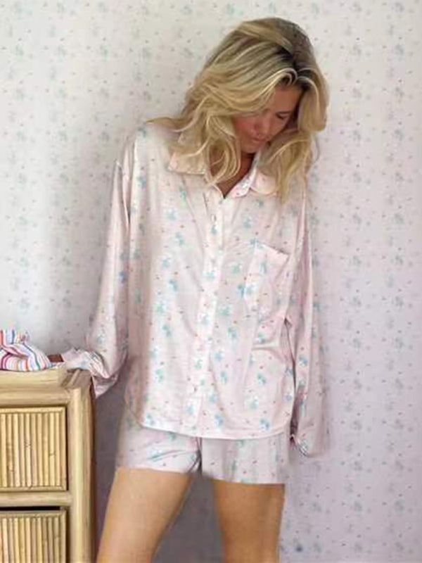 Printed Long-Sleeve Pajama Set with Slit Top & Knit Shorts – Cozy Loungewear