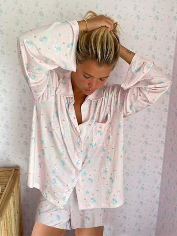 Printed Long-Sleeve Pajama Set with Slit Top & Knit Shorts – Cozy Loungewear