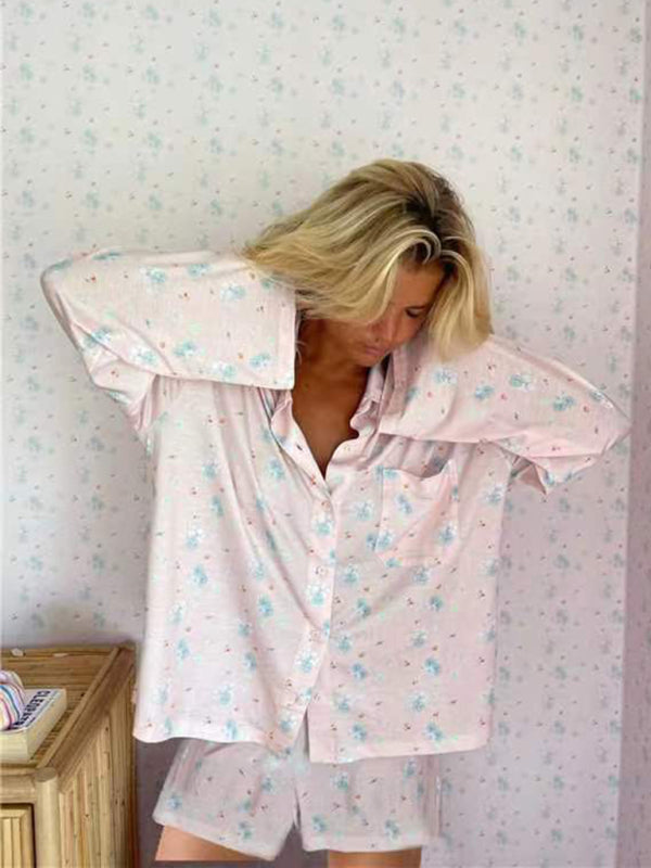 Printed Long-Sleeve Pajama Set with Slit Top & Knit Shorts – Cozy Loungewear