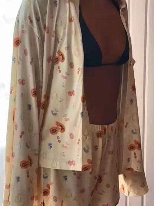 Printed Long-Sleeve Pajama Set with Slit Top & Knit Shorts – Cozy Loungewear