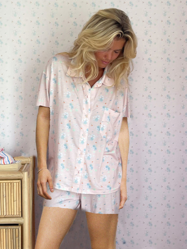 Printed Short Sleeve Loungewear Set with Side Slit – Relaxed Fit & Soft Knit Fabric