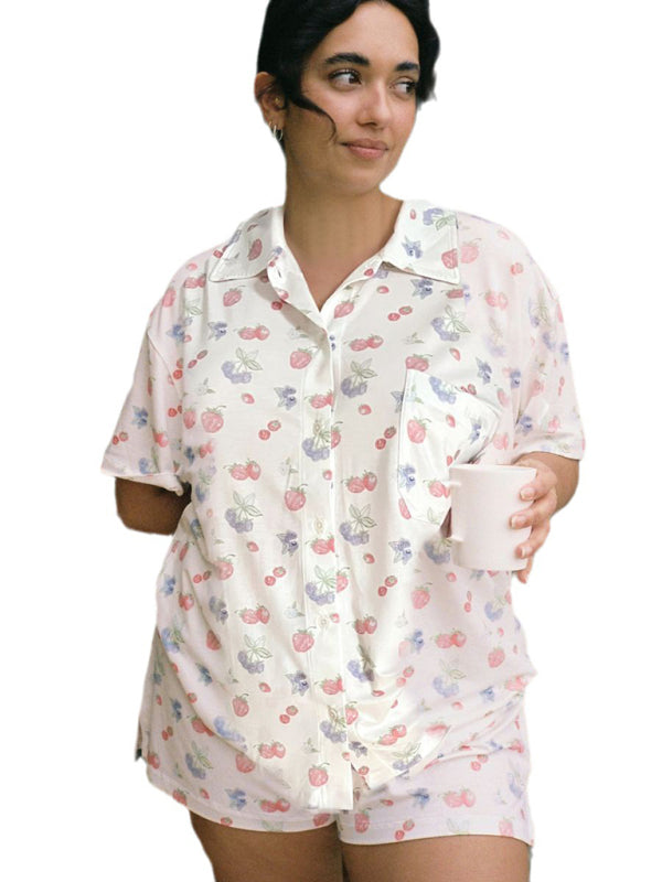 Printed Short Sleeve Loungewear Set with Side Slit – Relaxed Fit & Soft Knit Fabric