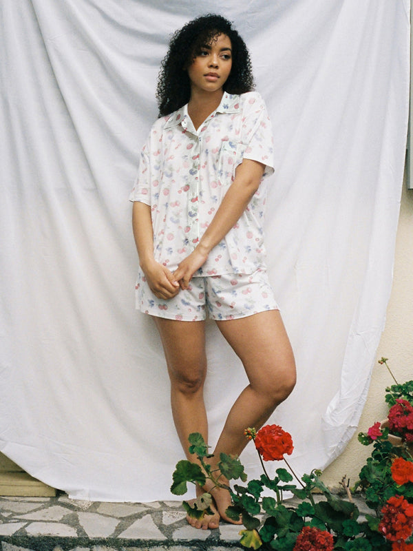 Printed Short Sleeve Loungewear Set with Side Slit – Relaxed Fit & Soft Knit Fabric