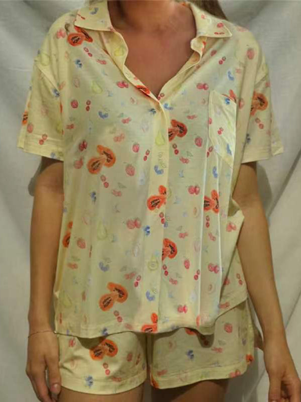 Printed Short Sleeve Loungewear Set with Side Slit – Relaxed Fit & Soft Knit Fabric