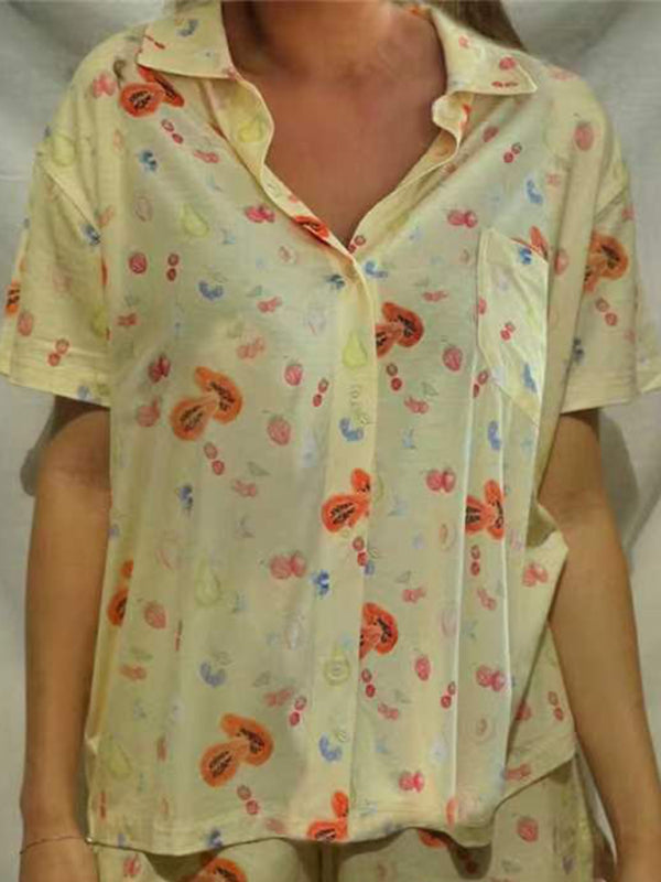 Printed Short Sleeve Loungewear Set with Side Slit – Relaxed Fit & Soft Knit Fabric