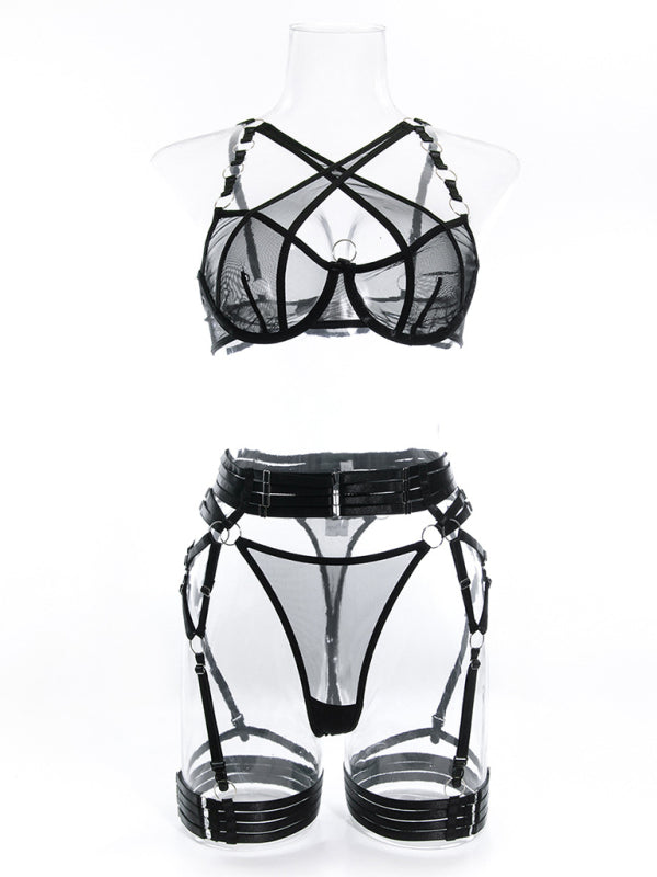 Sultry Woven Lace Lingerie Set – Hollow Backless Design, Slight Stretch