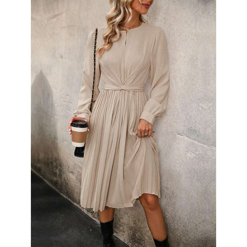 pleated-long-sleeve-solid-dress-–-cracker-khaki-waist-defined-midi-for-all-seasonssmiling-maria---everything-for-women-34645693