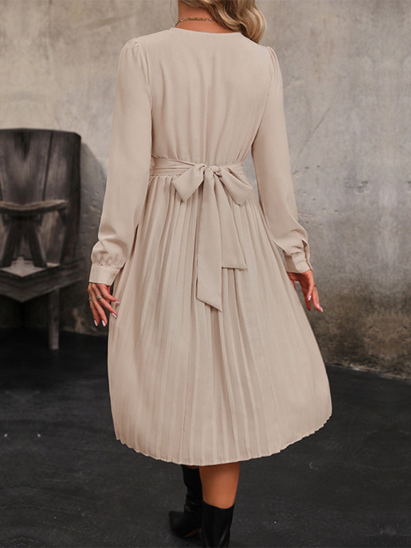 Pleated Long Sleeve Solid Dress – Cracker Khaki Waist-Defined Midi for All Seasons