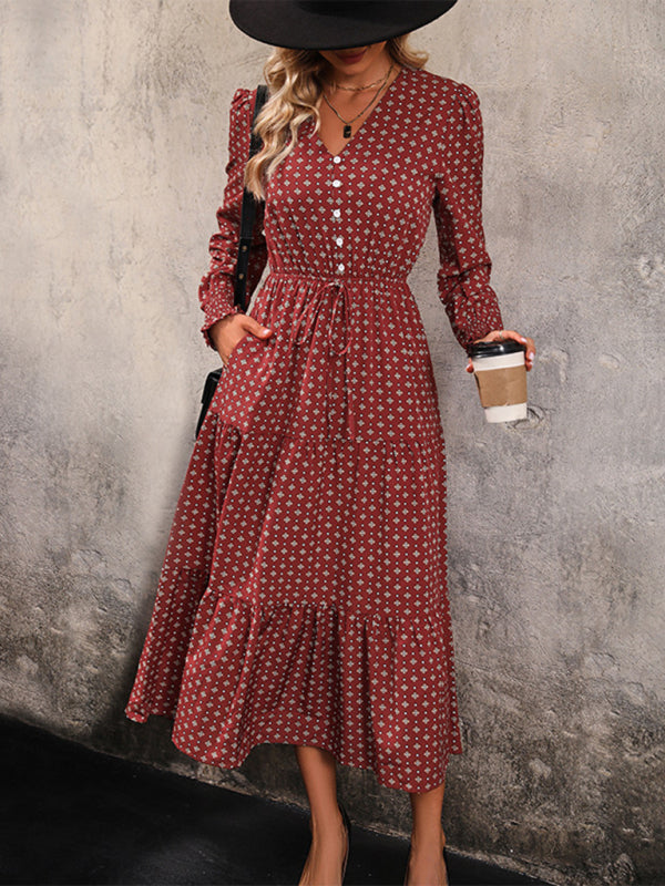 Long Sleeve V-Neck Waist Dress – Printed Wine Red, Flowy Fit, All-Season Style