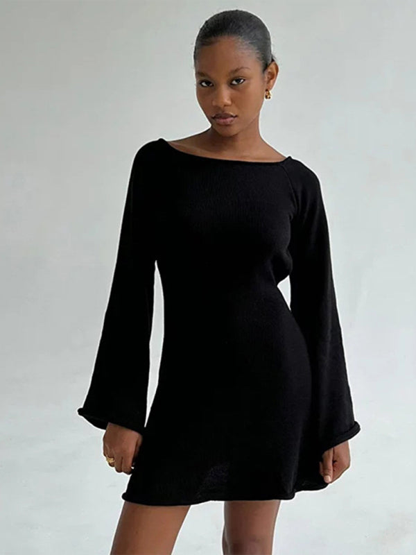Backless Bell Sleeve Knit Beach Dress – Lightweight, Flowy, Four-Season Wear