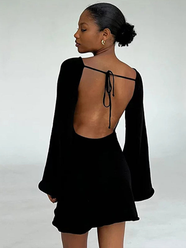 Backless Bell Sleeve Knit Beach Dress – Lightweight, Flowy, Four-Season Wear