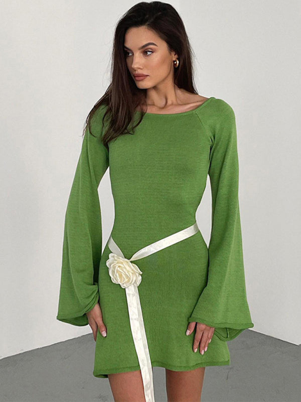 Backless Bell Sleeve Knit Beach Dress – Lightweight, Flowy, Four-Season Wear Green