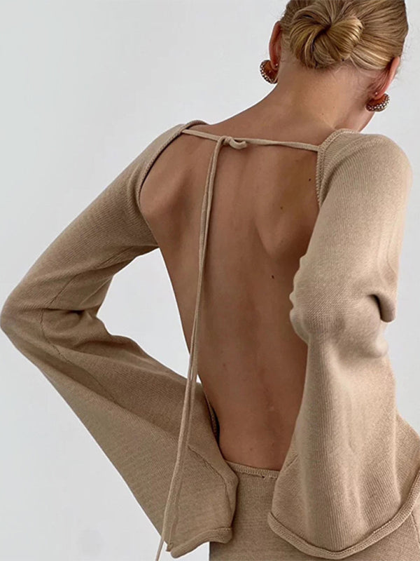 Backless Bell Sleeve Knit Beach Dress – Lightweight, Flowy, Four-Season Wear