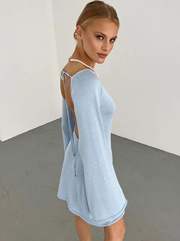 Backless Bell Sleeve Knit Beach Dress – Lightweight, Flowy, Four-Season Wear