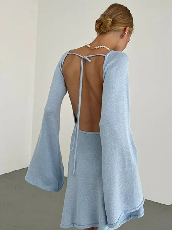 Backless Bell Sleeve Knit Beach Dress – Lightweight, Flowy, Four-Season Wear