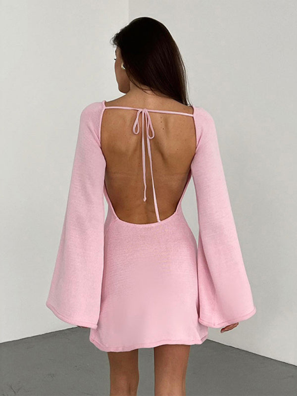 Backless Bell Sleeve Knit Beach Dress – Lightweight, Flowy, Four-Season Wear