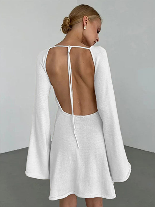 Backless Bell Sleeve Knit Beach Dress – Lightweight, Flowy, Four-Season Wear