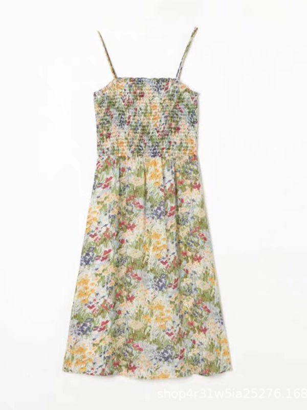 Floral Lace A-Line Midi Dress – French Resort Style with Pleated Skirt