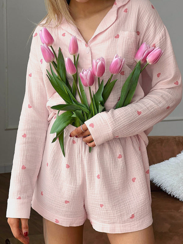 Floral Cotton Two-Piece Lounge Set – Long-Sleeve Top & Shorts