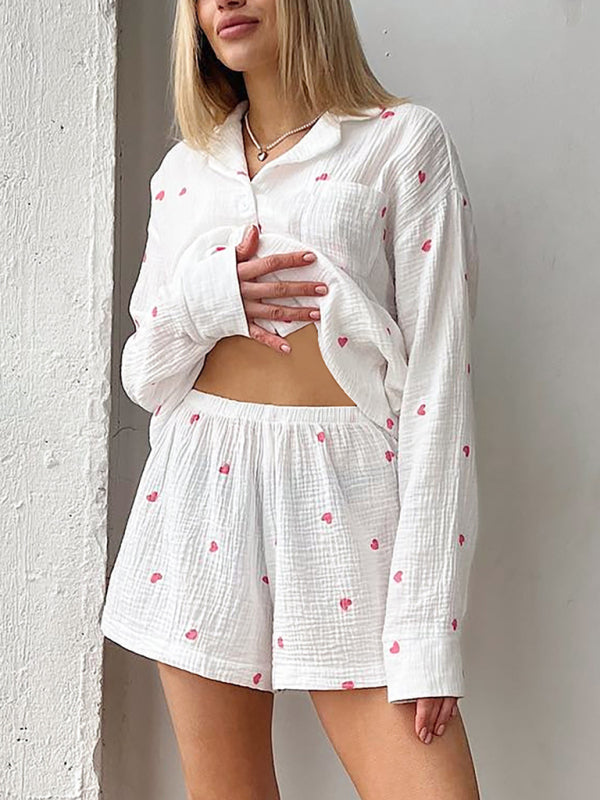 Floral Cotton Two-Piece Lounge Set – Long-Sleeve Top & Shorts