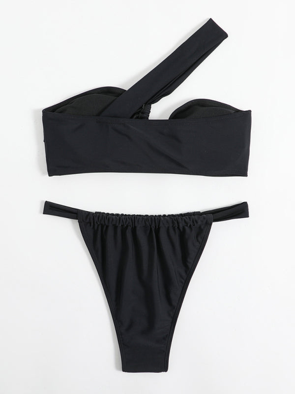 One-Shoulder Solid Bikini Set – Split Design with Moderate Stretch