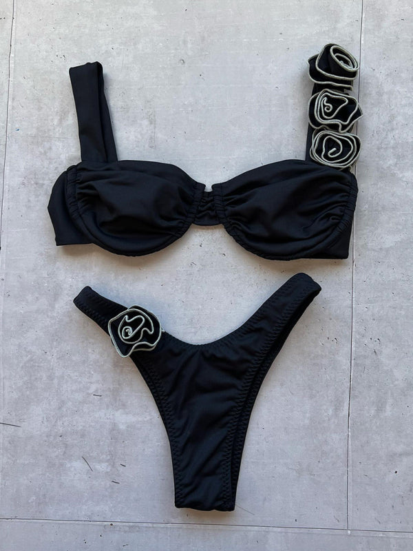 Elegant Floral Knit Bikini Set – 3D Embellishments & Moderate Support