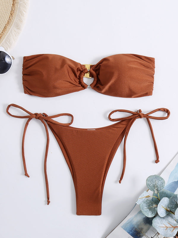 Ensemble bikini uni à bretelles – Design fendu sexy en couleur café