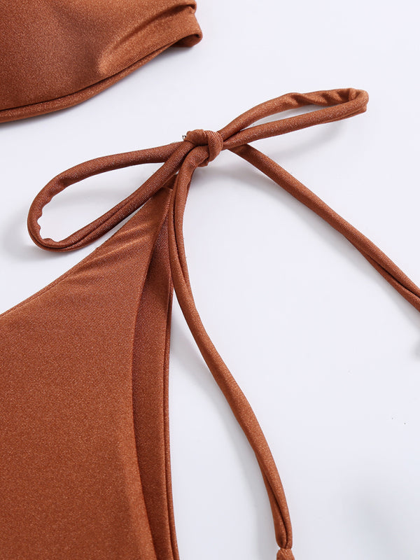 Ensemble bikini uni à bretelles – Design fendu sexy en couleur café