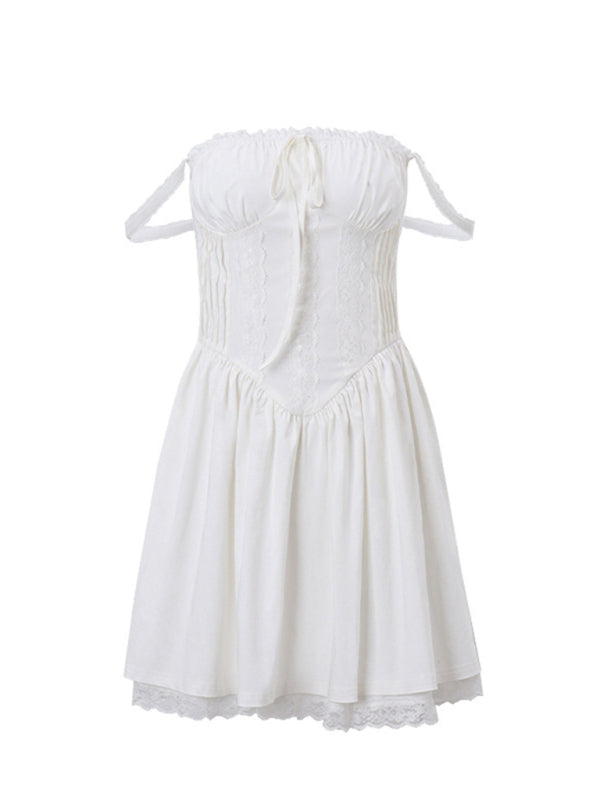 Resort-Style Pleated Dress – French Lace-Up Detail, Spring-Summer Fit
