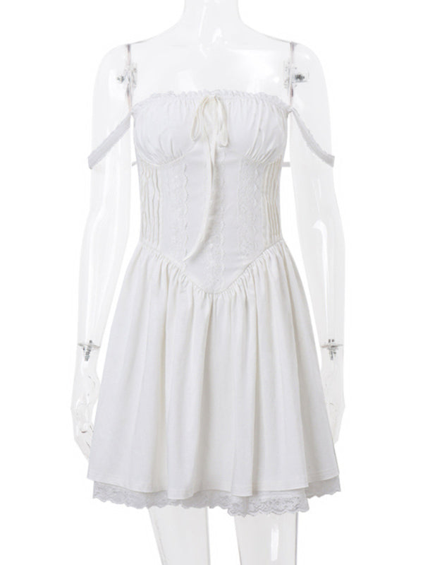 Resort-Style Pleated Dress – French Lace-Up Detail, Spring-Summer Fit