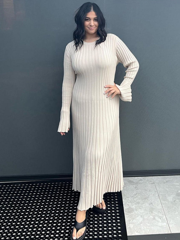 Knit Casual Round Neck Waist Dress – Lightweight, Spring-Summer Style