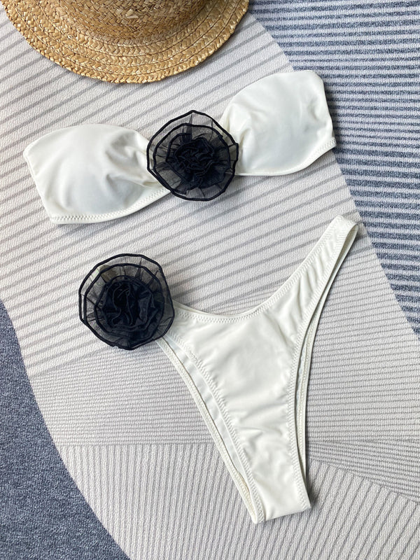Tube Top Bikini Set with 3D Floral Detail & Side-Split Bottoms – Women's Swimwear