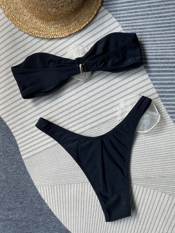 Tube Top Bikini Set with 3D Floral Detail & Side-Split Bottoms – Women's Swimwear