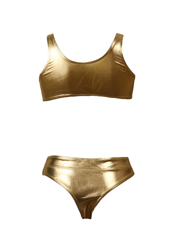 Reflective Gold & Silver One-Piece and Two-Piece Swimsuits – High Elasticity