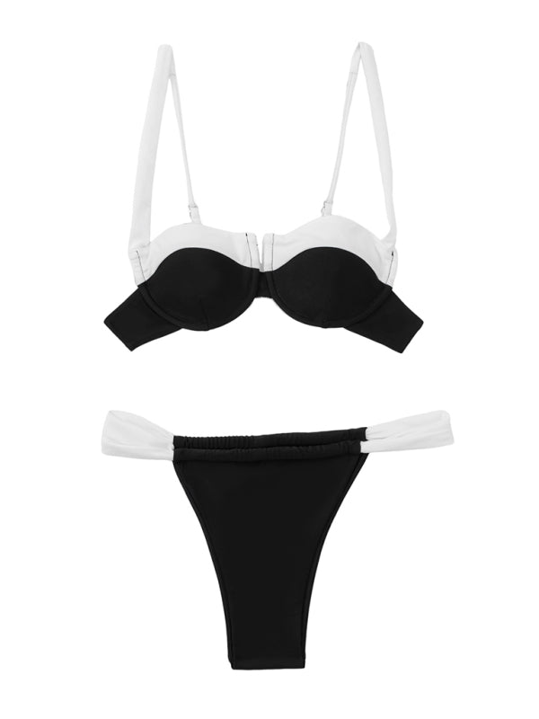 Backless Color Block Bikini – Sexy Two-Piece with Moderate Stretch & Solid Print