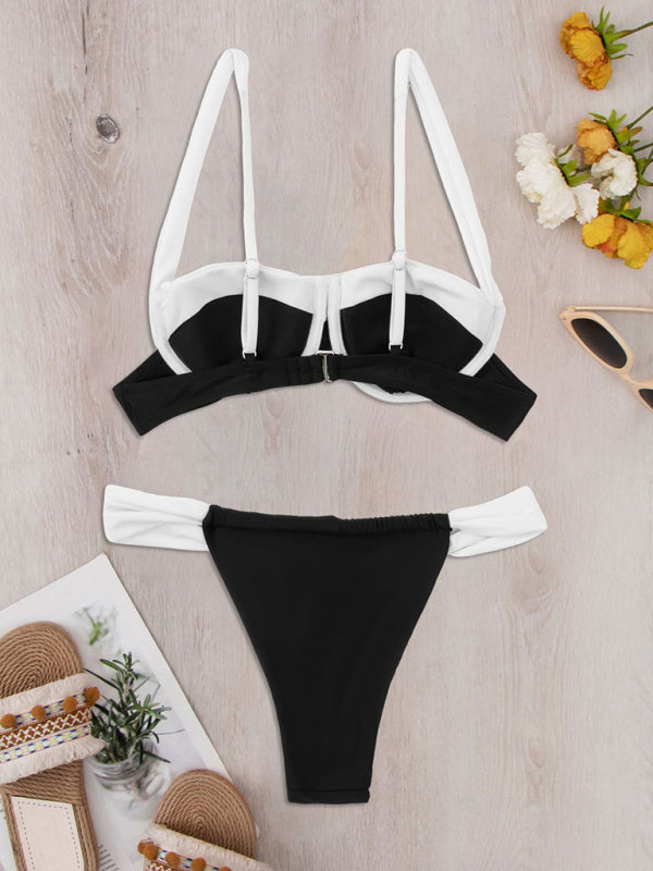 Backless Color Block Bikini – Sexy Two-Piece with Moderate Stretch & Solid Print