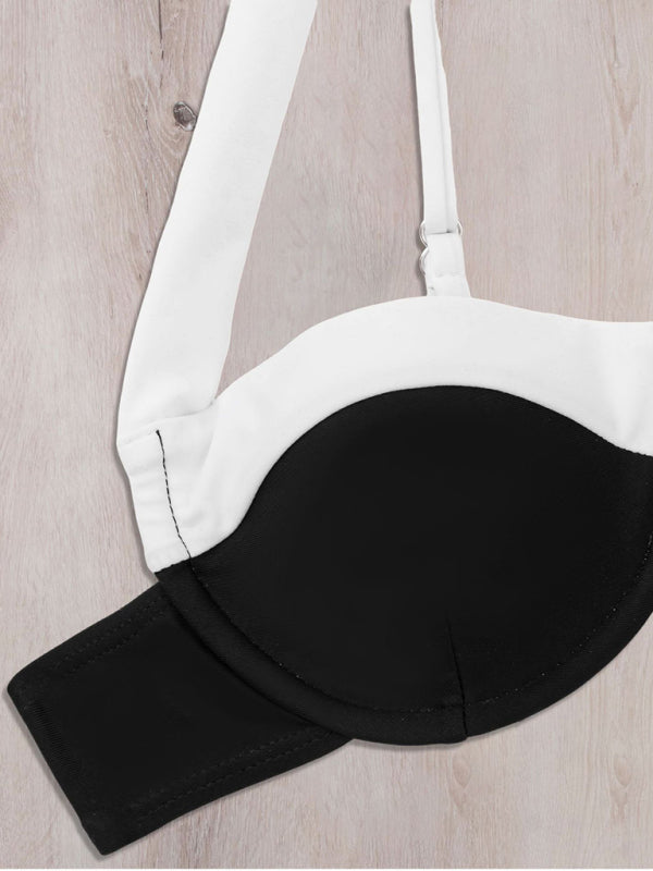 Backless Color Block Bikini – Sexy Two-Piece with Moderate Stretch & Solid Print