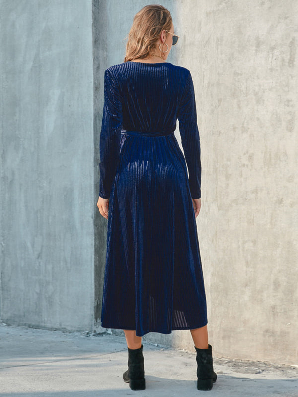 Gold Velvet Mid-Length Slit Dress – Strappy Design, Spring-Summer Style