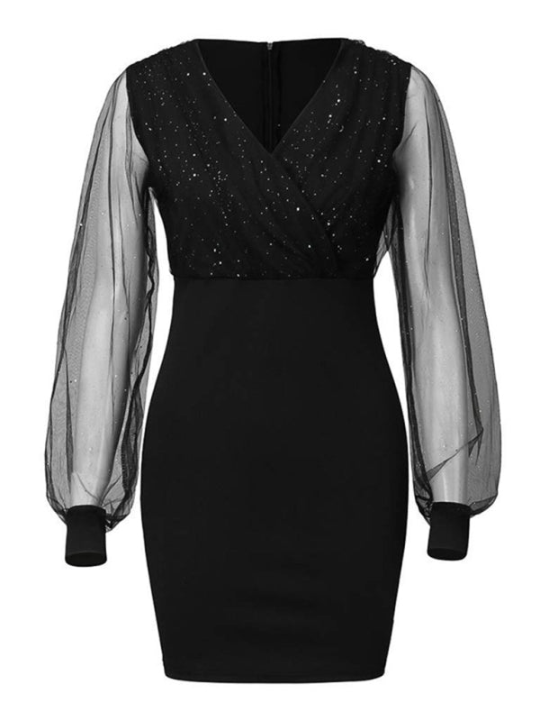 Mesh V-Neck Sequin Slim Dress – Long Sleeves, Spring-Summer Chic