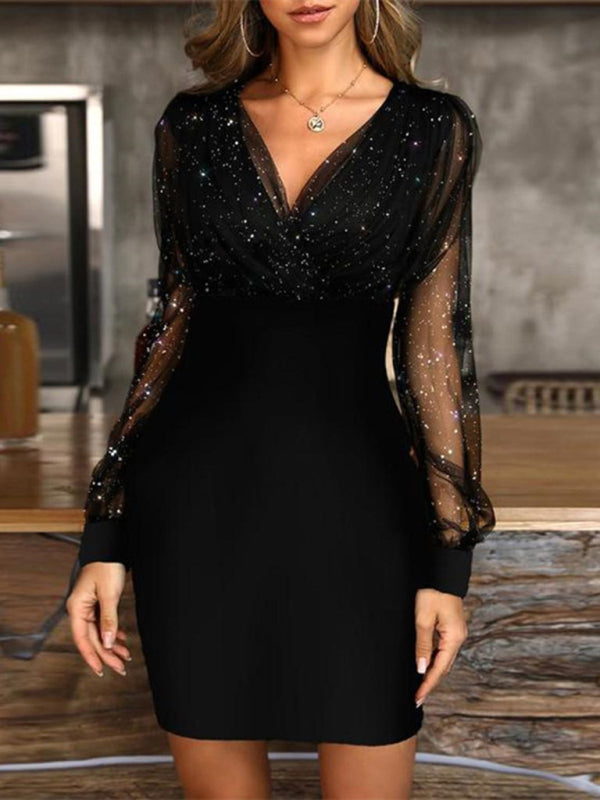 Mesh V-Neck Sequin Slim Dress – Long Sleeves, Spring-Summer Chic