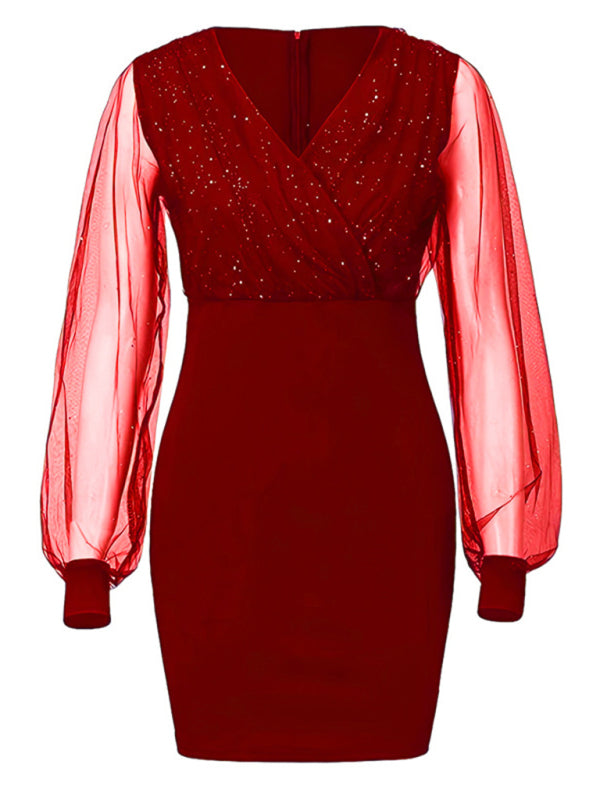 Mesh V-Neck Sequin Slim Dress – Long Sleeves, Spring-Summer Chic